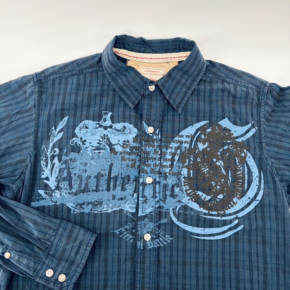Y2K Red Camel Mens M Blue Striped Graphic Long Sleeve Button Down Shirt Western